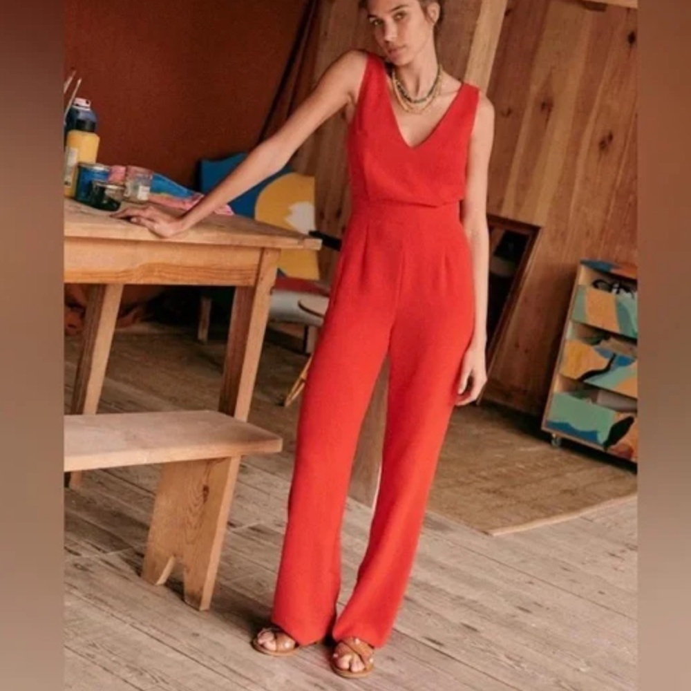 Sezane Red Sleeveless V-Neck Jumpsuit